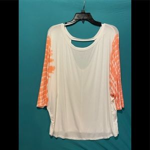 Boutique Top, White with coral color sleeves.